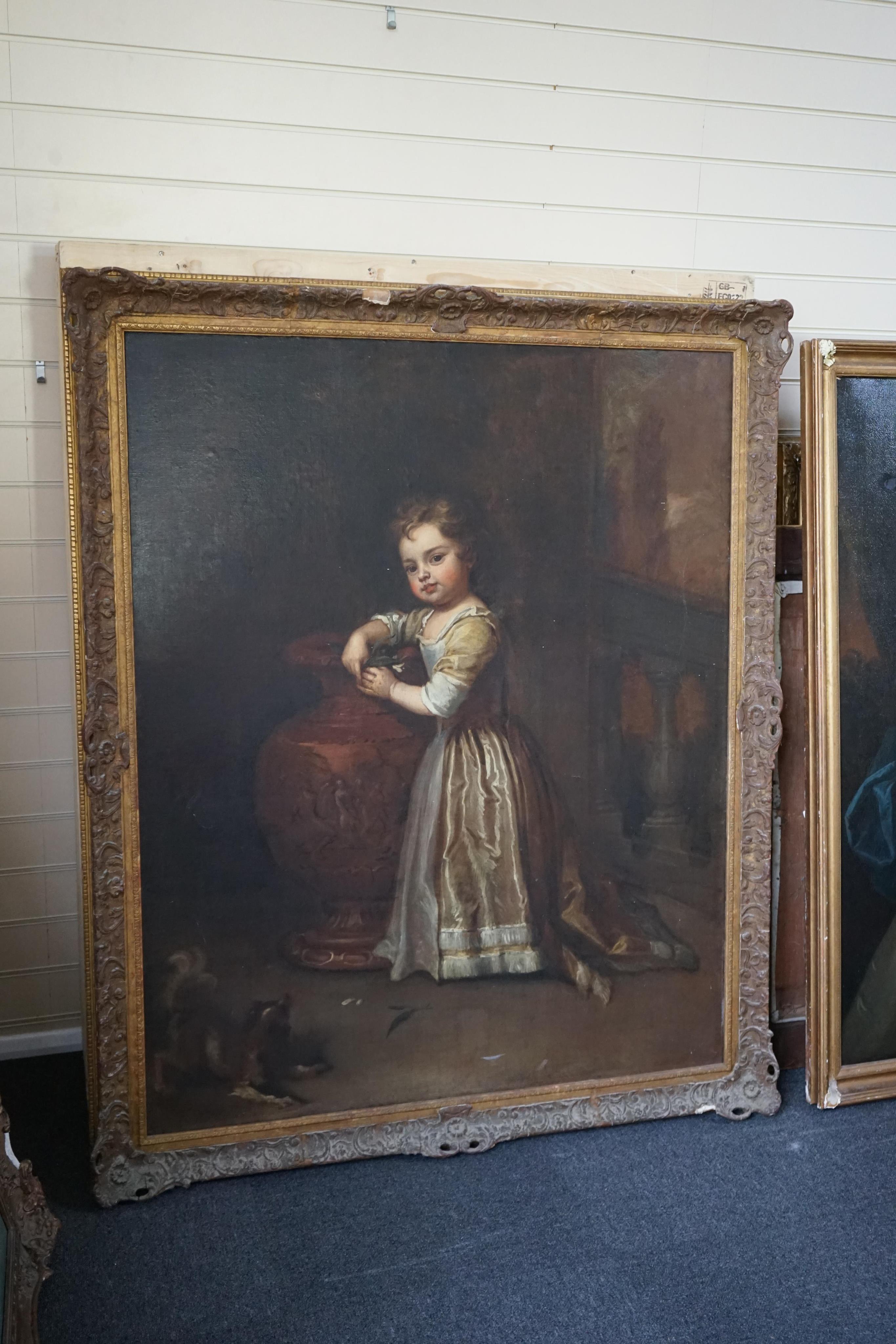 Studio of Sir Godfrey Kneller (1646-1723), Portrait of a child standing full length beside a classical urn, a small dog at her feet, oil on canvas, 126 x 101cm